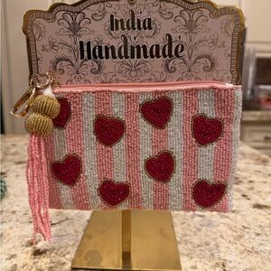 Handmade in India Beaded Pink and White Striped Travel Pouch with Red Hearts